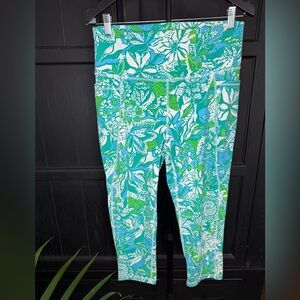 Lilly Pulitzer Teal Green White Floral Print Leggings with Side Pockets